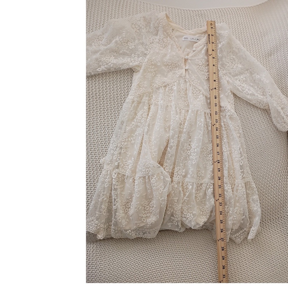 Zara Kids Lace Dress Cream White Button Front Tiered Ruffle Girls Size 8 - Picture 7 of 9